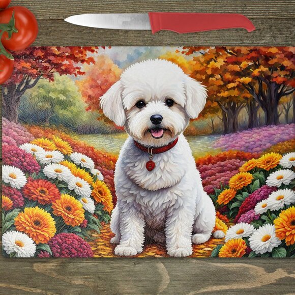 Bichon Frise Dog Fall Kitchen Textured Tempered Glass Trivet/Cutting Board - Picture 1 of 1